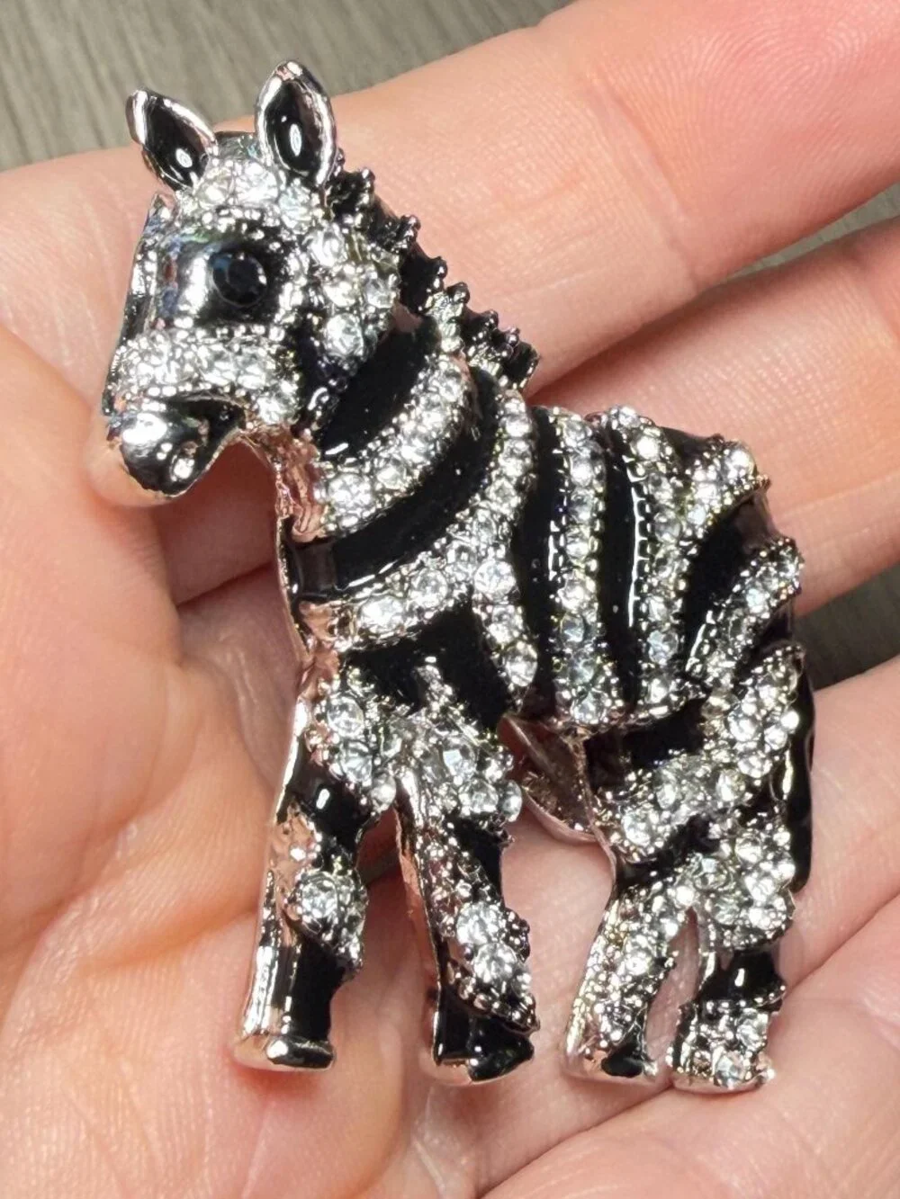 Zebra Brooch Black White Rhinestone Animal Pin Safari Jewelry